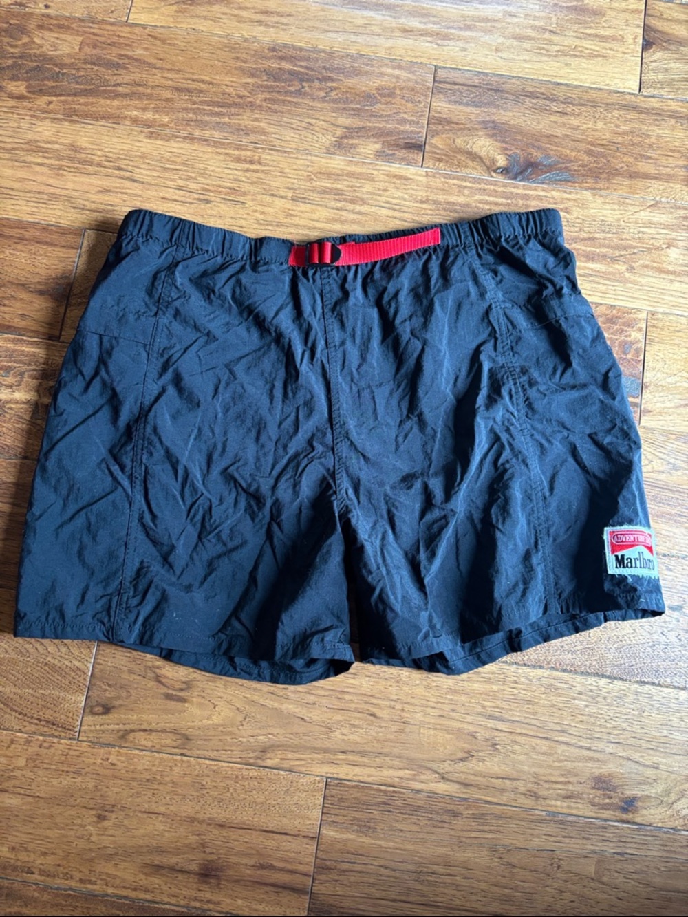 Marlboro Black Swim/Board Shorts with Red Webbing Belt